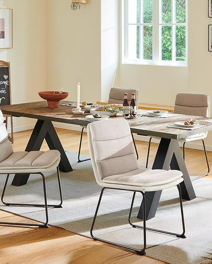 Dining Chairs Set of 2, Upholstered Dining Room Kitchen Chairs with Metal Legs, Modern Fabric PU Leather Side Chairs for Home Office, Light Brown - LeafyLoom