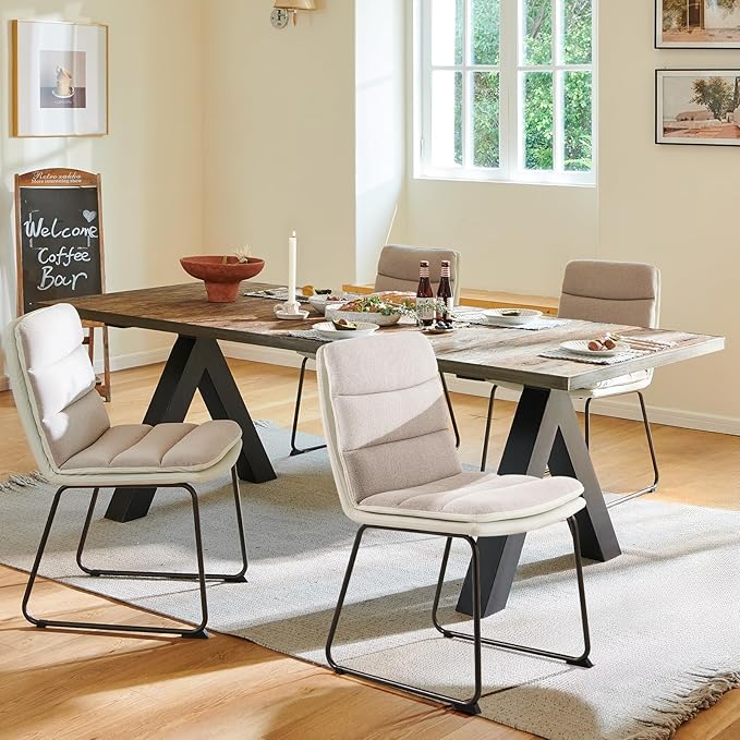 Dining Chairs Set of 2, Upholstered Dining Room Kitchen Chairs with Metal Legs, Modern Fabric PU Leather Side Chairs for Home Office, Light Brown - LeafyLoom