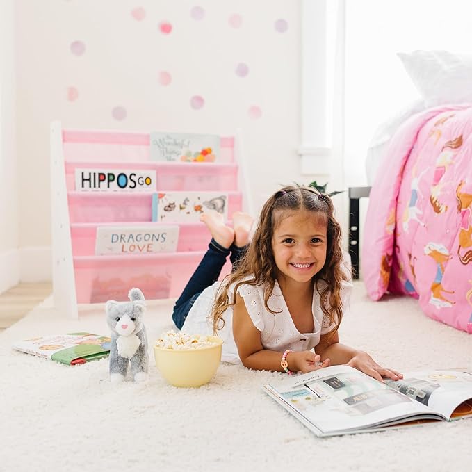 Wildkin Kids Canvas Sling Bookshelf for Boys and Girls, Wooden Design Features Four Fabric Shelves, Keep Bedrooms, Playrooms, and Classrooms Organized, Measures 25 x 24 x 11 Inches (White w/ Pink) - LeafyLoom