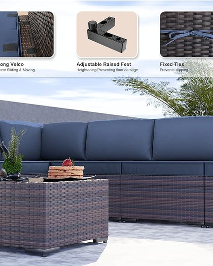 Kullavik 9PCS Outdoor Patio Furniture Set PE Wicker Rattan Sectional Sofa Patio Conversation Sets,Navy blue - LeafyLoom