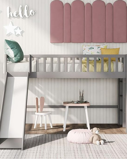 Merax Twin Wood Junior Low Loft Bed Frame with Slide Loft Bed with Full Length Guardrails for Kids Girls Boys,Gray - LeafyLoom