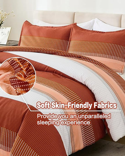 Litanika Burnt Orange King Bed Comforter Set, 3 Pieces Boho Terracotta Stripe Colorblock Bedding Comforter Set, Rust Fluffy Bed Set (104x90In Comforter & 2 Pillowcases) - LeafyLoom