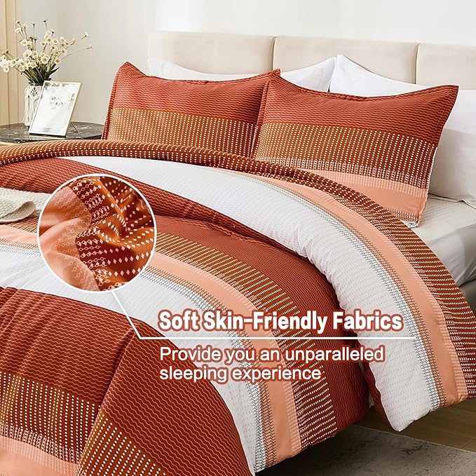 Litanika Burnt Orange Bed Comforter Full Size Set, 3 Pieces Boho Terracotta Stripe Colorblock Soft Bedding Comforter Set, Rust Fluffy Bed Set (79x90In Comforter & 2 Pillowcases) - LeafyLoom
