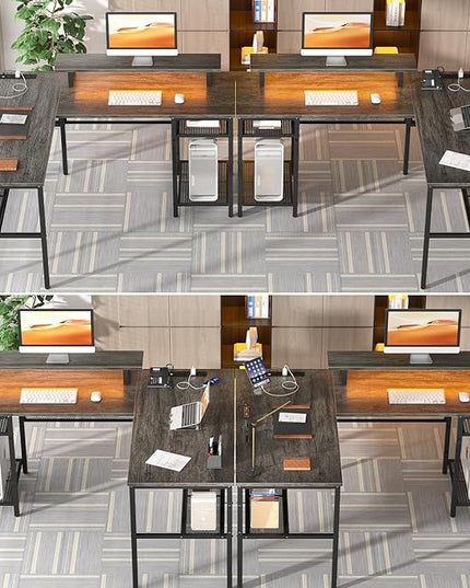 Unikito L Shaped Computer Desk with Magic Power Outlets and Smart LED Light, Reversible 55 Inch Corner Office Desk with Monitor Stand, Unique Grid Design, Gaming Table with Storage, Black Oak - LeafyLoom