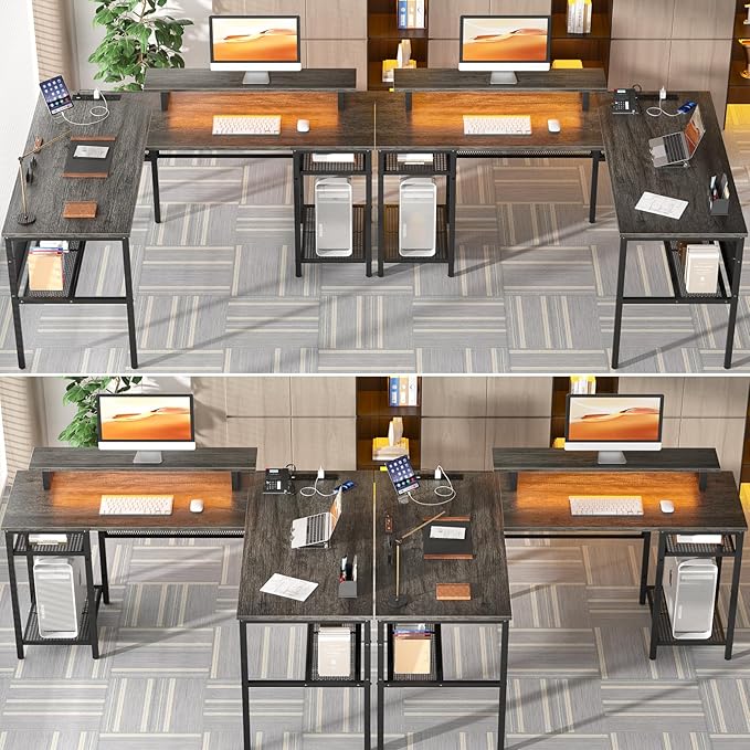 Unikito L Shaped Computer Desk with Magic Power Outlets and Smart LED Light, Reversible 55 Inch Corner Office Desk with Monitor Stand, Unique Grid Design, Gaming Table with Storage, Black Oak - LeafyLoom
