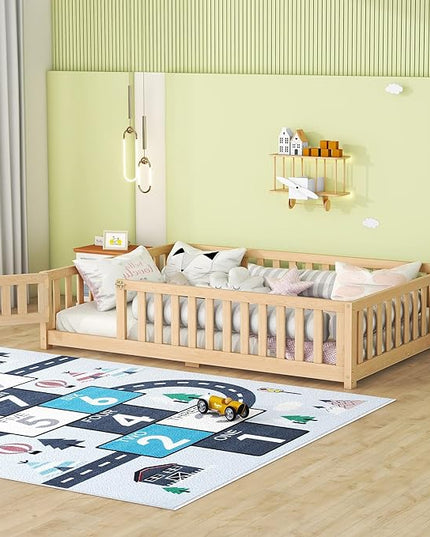 Multifunctional Full Size Floor Bed with Safety Guardrails and Door, Removable Wood Slats, Montessori Beds Frame for Toddlers, for Boys and Girls, Natural - LeafyLoom