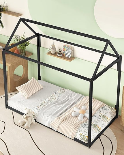 Metal Twin Size Montessori Floor Bed for Kids,Floor Bed Twin,House Bed with Slats for Boys Girls,Metal House Shape Platform Bed,No Spring Box Required,Black - LeafyLoom