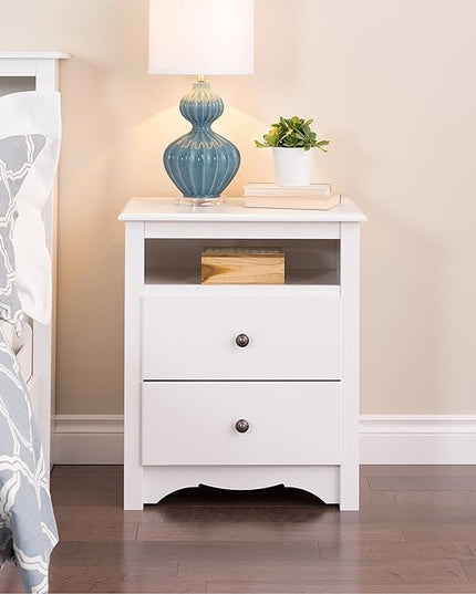 Prepac's Monterey 2 Drawer Nightstand: Elegant Bedroom Furniture, Bedside Table with Open Shelf, 23.25"W x 16"D x 28"H, White - WDC-2428 - LeafyLoom