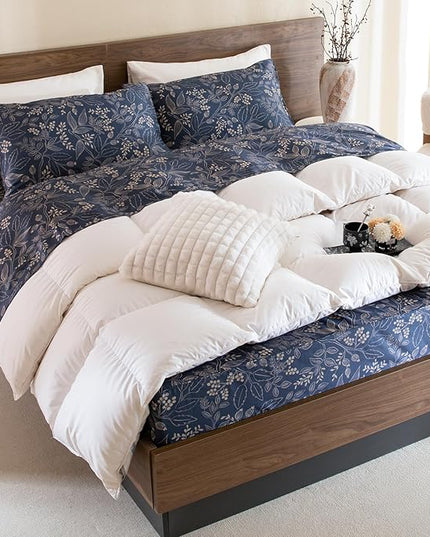 QSH Floral Egyptian Cotton Sheets Queen Size - Elegant Navy Botanical Pattern Printed Bedding Sheets Queen Size Bed Extra Soft and Breathable 4pcs Deep Pockets Bed Sheets - LeafyLoom