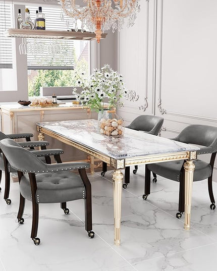 Dining Chairs with Casters and Arms, Rolling Dining Chairs with Wheels, Game Poker Table Chairs, Solid Wood Boss Caption's Chairs Office Desk Chairs, Espresso Legs & Dark Grey, XXY-1910-DG - LeafyLoom
