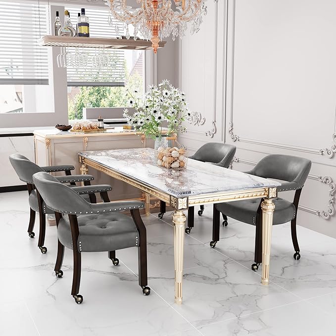 Dining Chairs with Casters and Arms, Rolling Dining Chairs with Wheels, Game Poker Table Chairs, Solid Wood Boss Caption's Chairs Office Desk Chairs, Espresso Legs & Dark Grey, XXY-1910-DG - LeafyLoom