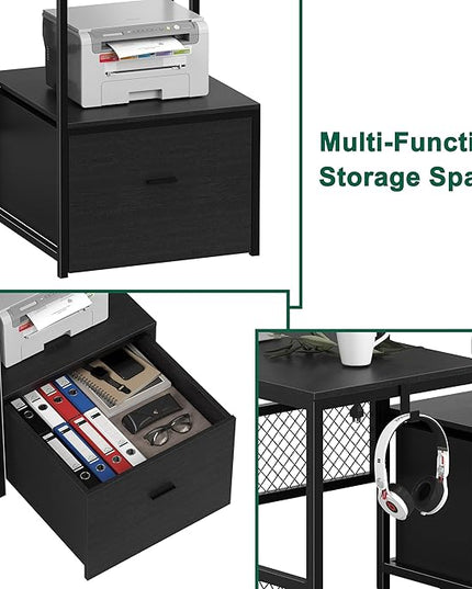 L Shaped Desk with Drawers, 66" Home Office Desk with Power Outlet and Led Strip, Reversible Computer Desk with Storage Shelves & Monitor Stand, Large Corner Desk Gaming Desk, Black - LeafyLoom