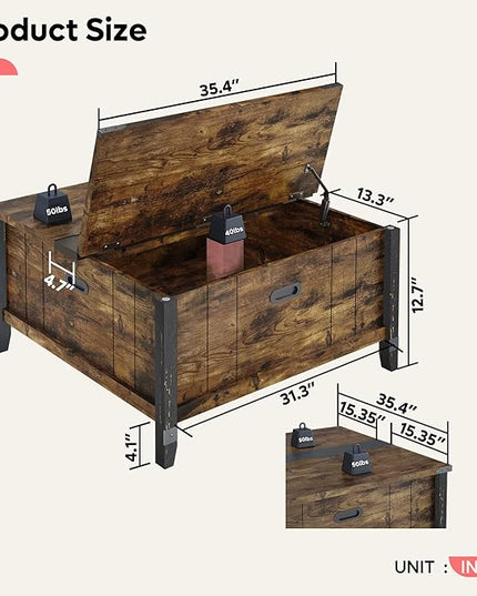 Bestier Farmhouse Coffee Table, Square Wood Center Table with Large Hidden Storage Compartment for Living Room, Rustic Cocktail Table with Hinged Lift Top for Home,Rustic Brown - LeafyLoom