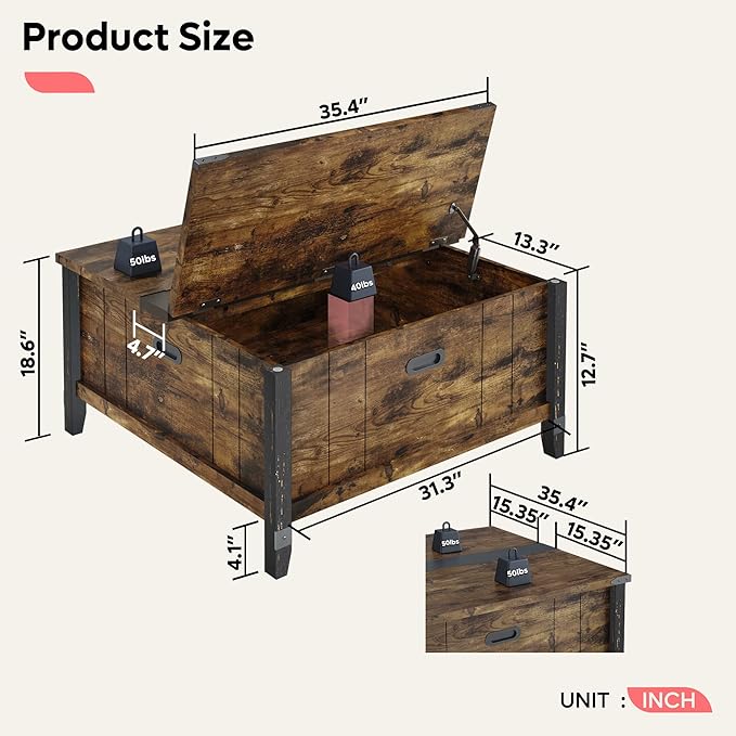 Bestier Farmhouse Coffee Table, Square Wood Center Table with Large Hidden Storage Compartment for Living Room, Rustic Cocktail Table with Hinged Lift Top for Home,Rustic Brown - LeafyLoom