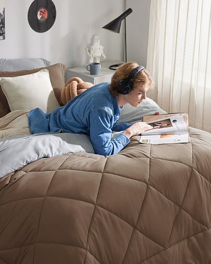 Bedsure Brown Twin Comforter Set - 5 Pieces Reversible Twin Bed in a Bag, Extra Long Twin Bed Set Brown and Grey with Comforters, Sheets, Pillowcase & Sham - LeafyLoom