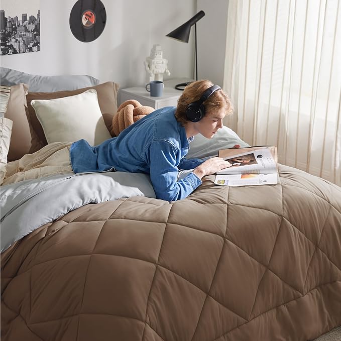 Bedsure Brown Twin Comforter Set - 5 Pieces Reversible Twin Bed in a Bag, Extra Long Twin Bed Set Brown and Grey with Comforters, Sheets, Pillowcase & Sham - LeafyLoom