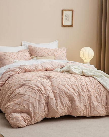 Bedsure King Size Comforter Set - Coral Pink Comforter, Boho Tufted Shabby Chic Bedding Comforter Set, 3 Pieces Farmhouse Bed Set for All Seasons, Fluffy Soft Bedding Set with 2 Pillow Shams - LeafyLoom