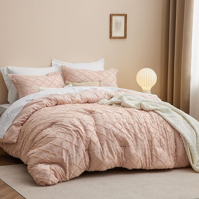 Bedsure King Size Comforter Set - Coral Pink Comforter, Boho Tufted Shabby Chic Bedding Comforter Set, 3 Pieces Farmhouse Bed Set for All Seasons, Fluffy Soft Bedding Set with 2 Pillow Shams - LeafyLoom