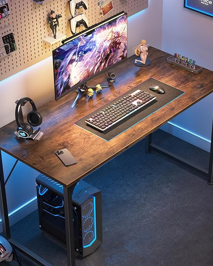Computer Desk, 40 Inch Office Desk, Gaming Desk with Storage, Writing Desk Work Desk for Home Office, Study, Modern Simple Desk, Large Legroom, Metal Frame, Rustic Brown - LeafyLoom