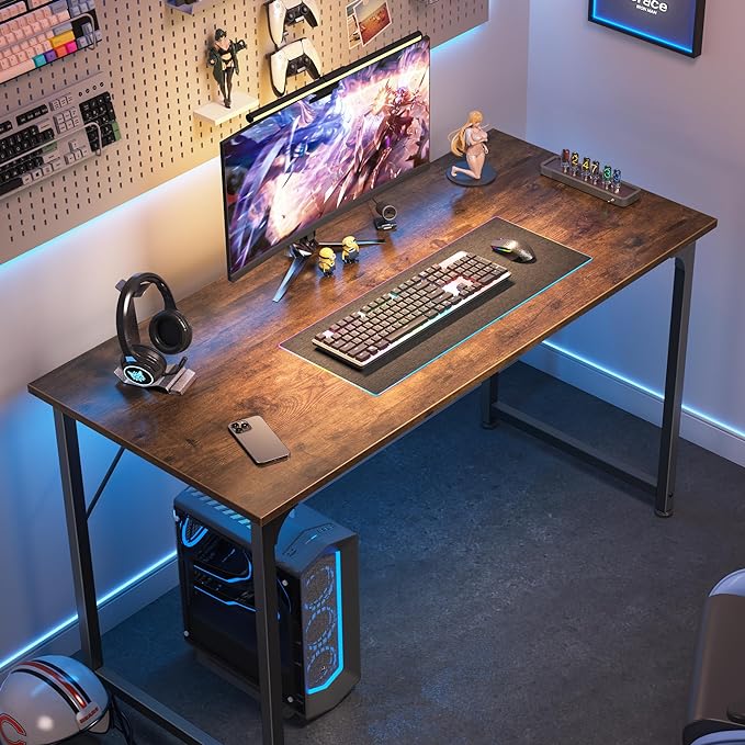 Computer Desk, 40 Inch Office Desk, Gaming Desk with Storage, Writing Desk Work Desk for Home Office, Study, Modern Simple Desk, Large Legroom, Metal Frame, Rustic Brown - LeafyLoom