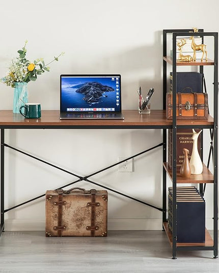 Wood and Metal Industrial Home Office Computer Desk with Bookshelves, Natural - LeafyLoom