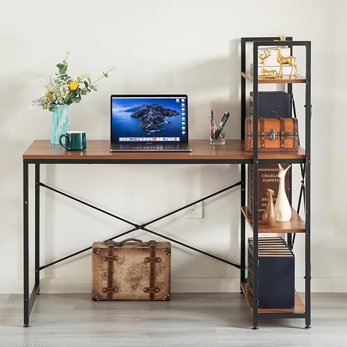 Wood and Metal Industrial Home Office Computer Desk with Bookshelves, Natural - LeafyLoom
