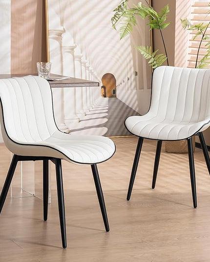 YOUNUOKE White Dining Chairs Set of 2 Upholstered Mid Century Modern Kitchen Chair Armless Faux Leather Accent Guest Chair with Back Metal Legs for Living Reception Waiting Room Bedrooms - LeafyLoom