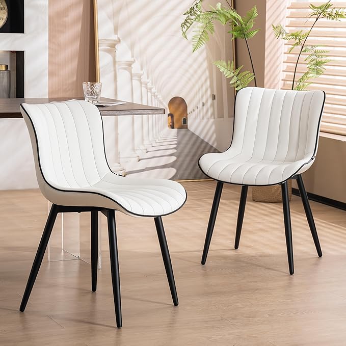 YOUNUOKE White Dining Chairs Set of 2 Upholstered Mid Century Modern Kitchen Chair Armless Faux Leather Accent Guest Chair with Back Metal Legs for Living Reception Waiting Room Bedrooms - LeafyLoom