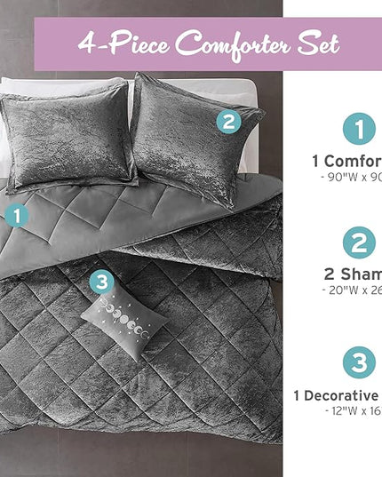 Intelligent Design Queen Comforter Set, Velvet Comforter Set , Luxury Diamond Quilting Comforter Set, Fluffy Comforter Bed Set with Decorative Pillowand 2 Shams, 4 Piece Grey, Full/Queen - LeafyLoom