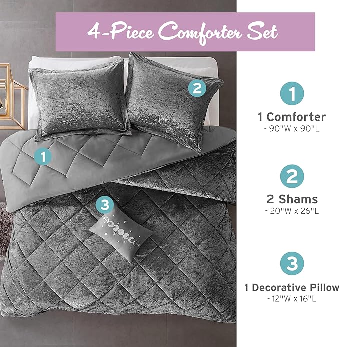 Intelligent Design Queen Comforter Set, Velvet Comforter Set , Luxury Diamond Quilting Comforter Set, Fluffy Comforter Bed Set with Decorative Pillowand 2 Shams, 4 Piece Grey, Full/Queen - LeafyLoom