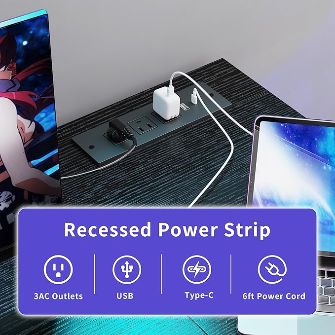 Computer Desk, 55 inches desk with 2 Shelves, Home Office Desk with USB/Type-C Charging Ports & Power Outlets, Study Table for Adults, Black - LeafyLoom