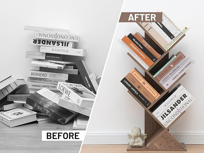 Labcosi 5 Tier Tree Bookshelf, Floor Standing Wood Tree Bookcase, Book Storage Rack for Books/CDs, Book Organizer Shelves for Home Office, Bedroom, Living Room - LeafyLoom