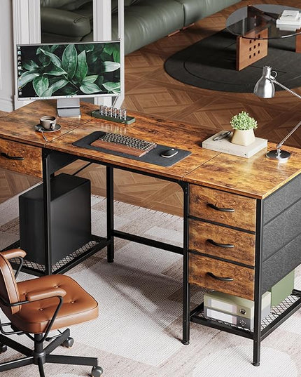 55 Inch Computer Desk with 4 Drawers, Office Desk with Mesh Shelf, Gaming Desk, Large Storage, Writing Desk Work Desk for Home Office, Study, Bedroom, Work from Home, Rustic Brown - LeafyLoom