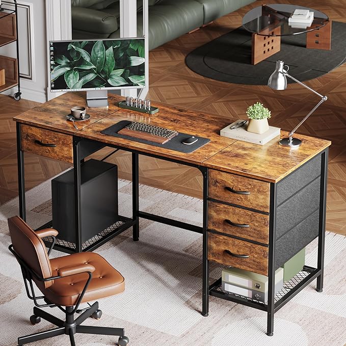 55 Inch Computer Desk with 4 Drawers, Office Desk with Mesh Shelf, Gaming Desk, Large Storage, Writing Desk Work Desk for Home Office, Study, Bedroom, Work from Home, Rustic Brown - LeafyLoom