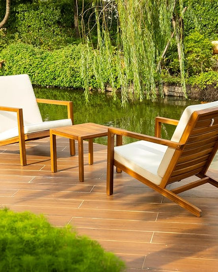 Eleve 400lbs Capacity Outdoor Set of 2 with Wooden Side Table, FSC Certified Acacia Wood Patio Furniture Set for Firepit Porch, Large, Slanted Backrest Club Chair - LeafyLoom