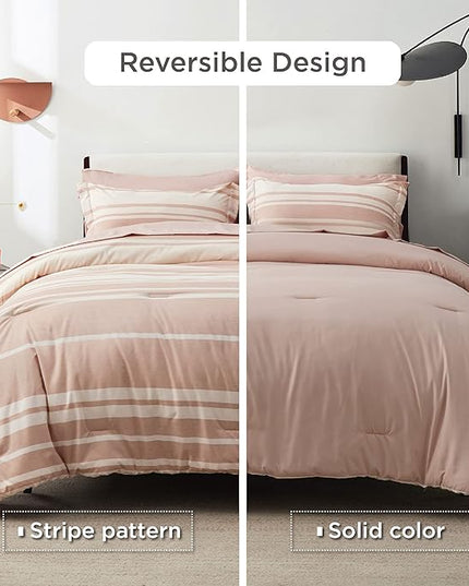 Bedsure Bed in a Bag King Size 7 Pieces, Dusty Pink White Striped Bedding Comforter Sets All Season Bed Set, 2 Pillow Shams, Flat Sheet, Fitted Sheet and 2 Pillowcases - LeafyLoom
