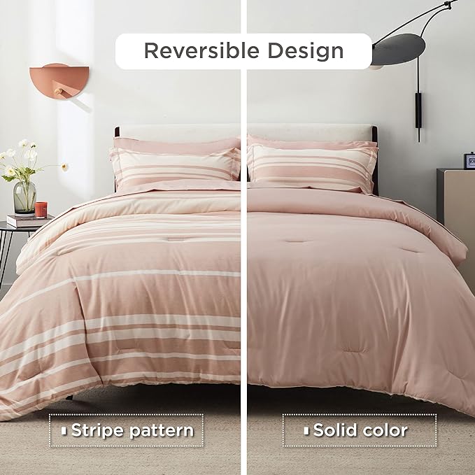 Bedsure Bed in a Bag King Size 7 Pieces, Dusty Pink White Striped Bedding Comforter Sets All Season Bed Set, 2 Pillow Shams, Flat Sheet, Fitted Sheet and 2 Pillowcases - LeafyLoom