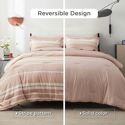 Bedsure Bed in a Bag King Size 7 Pieces, Dusty Pink White Striped Bedding Comforter Sets All Season Bed Set, 2 Pillow Shams, Flat Sheet, Fitted Sheet and 2 Pillowcases - LeafyLoom