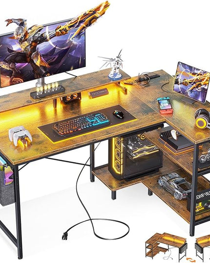 ODK 48 Inch Gaming Desk with USB Charging Ports and LED Lights, Reversible L Shaped Computer Desk with Storage Shelves & Monitor Stand, Corner Home Office Desk Table with Power Outlets, Vintage - LeafyLoom