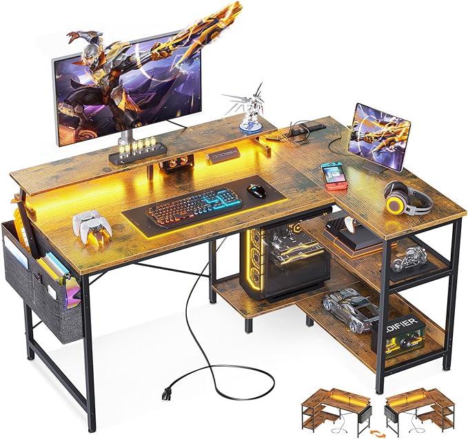 ODK 48 Inch Gaming Desk with USB Charging Ports and LED Lights, Reversible L Shaped Computer Desk with Storage Shelves & Monitor Stand, Corner Home Office Desk Table with Power Outlets, Vintage - LeafyLoom