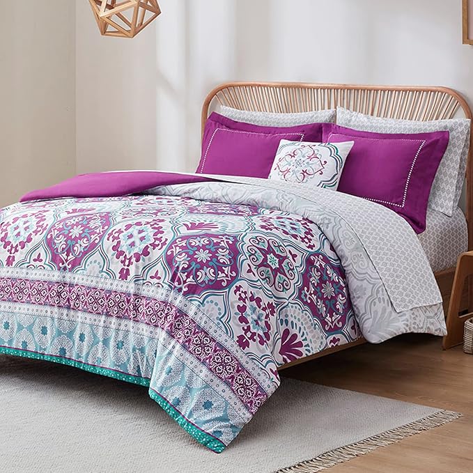 Degrees of Comfort Full Size Complete Comforter Sets, Lattice Boho Bed in A Bag,Microfiber Bedding Set with Side Pockets, Matching Decorative Pillow, 8 Piece Purple - LeafyLoom