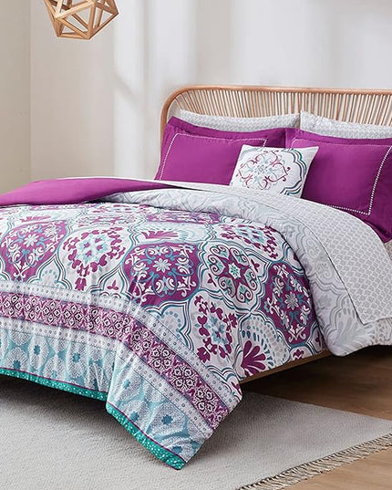 Degrees of Comfort Purple Comforter Set,Queen Boho Bedding Sets with Sheets,Bohemian Microfibe Bed in A Bag with Side Pockets, Matching Decorative Pillow, 8 Piece - LeafyLoom