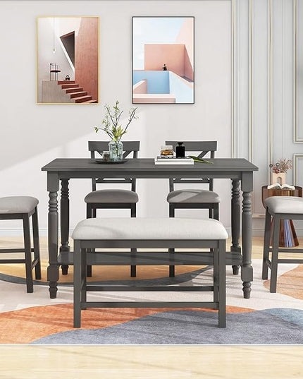 Dining Table Set for 6, 6-Piece Counter Height Kitchen Table Set with 4 Upholstered Chairs, Bench and Storage Shelf, Dining Room Table Set for Kitchen, Living Room, Grey+Beige - LeafyLoom