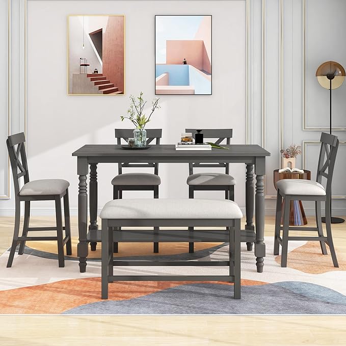 Dining Table Set for 6, 6-Piece Counter Height Kitchen Table Set with 4 Upholstered Chairs, Bench and Storage Shelf, Dining Room Table Set for Kitchen, Living Room, Grey+Beige - LeafyLoom