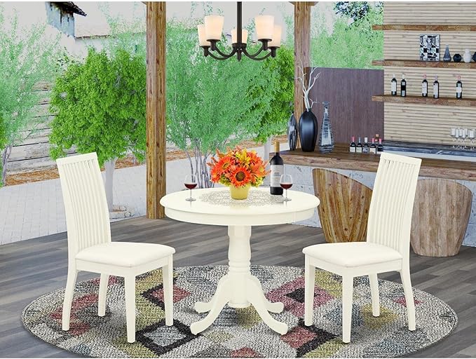 East West Furniture ANIP3-LWH-C 3 Piece Kitchen Set for Small Spaces Contains a Round Table with Pedestal and 2 Linen Fabric Dining Room Chairs, 36x36 Inch - LeafyLoom