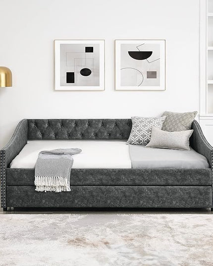 Full Size Daybed with Trundle,Linen Upholstered Sofa Bed W/Button on Back & Copper Nail on Waved Shape Armrests,Space Saving,No Spring Box Need,Wood Bedframe for Living Room Bedroom Dorm,Grey - LeafyLoom