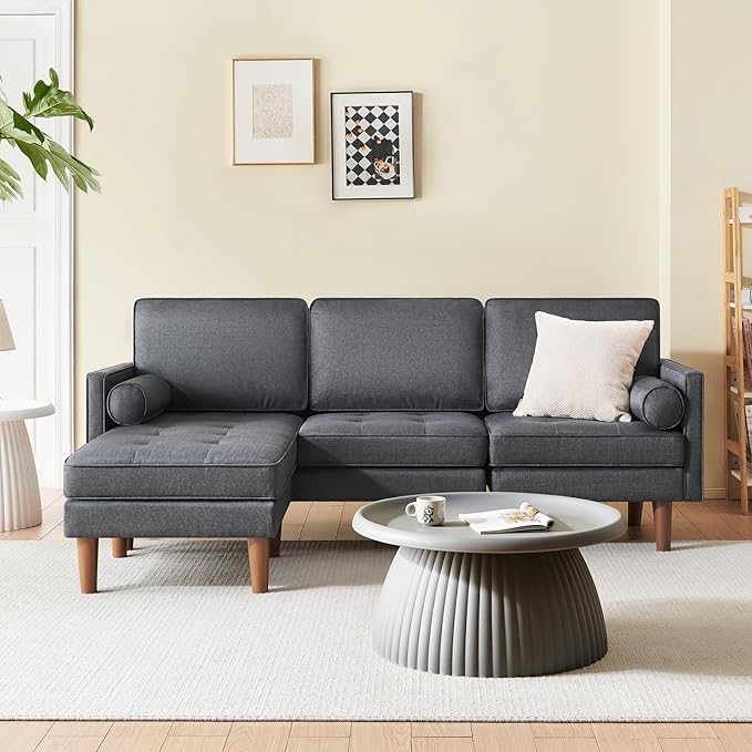 Vonanda Sectional Couch L Shaped Couch, Convertible Sectional Sofa with Reversible Chaise and Tufted Seat, Fabric Small Couch for Apartment and Small Living Space, Dark Grey - LeafyLoom