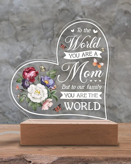 Acrylic Night Light Gift for Mother - to Our Family You are The World - Acrylic Light Gift for Mom from Son, Daughter on Mothers Day - Birthday Gifts to Mom - LeafyLoom