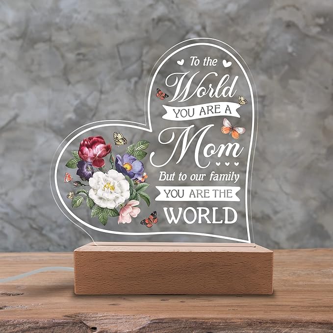 Acrylic Night Light Gift for Mother - to Our Family You are The World - Acrylic Light Gift for Mom from Son, Daughter on Mothers Day - Birthday Gifts to Mom - LeafyLoom