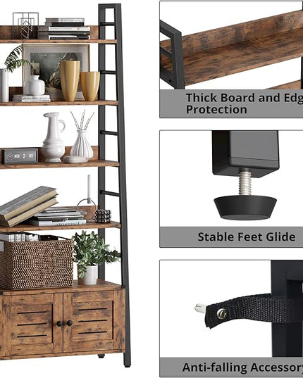 IRONCK Bookshelf with Louvered Doors, 4-tier Ladder Shelf with Cabinet Industrial Accent Furniture for Bedroom Living Room Home Office, Rustic Brown - LeafyLoom
